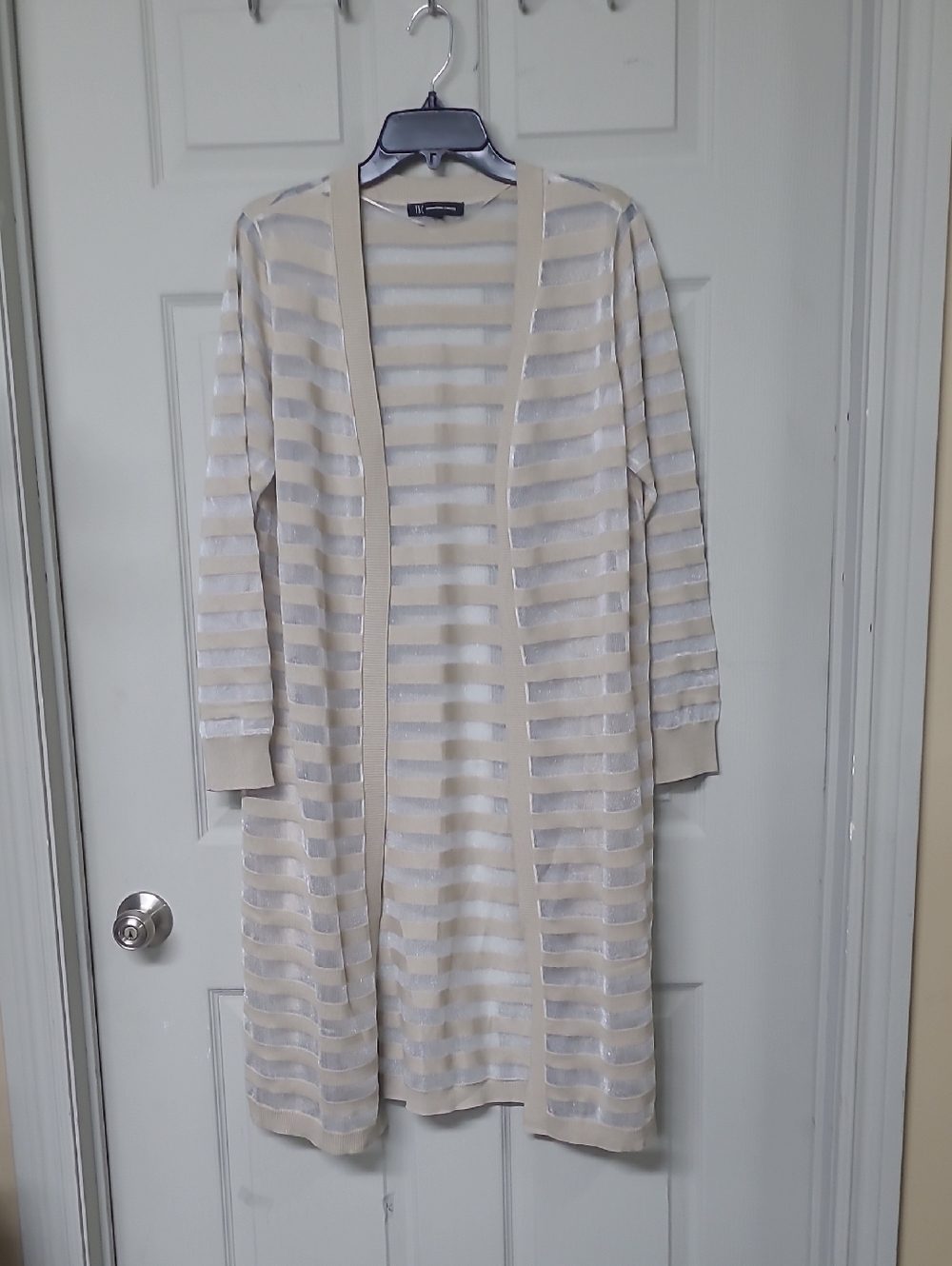 INC International Concepts Tan/Sheer Striped Long Open-Front Women's Cardigan L